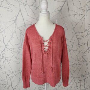 LOFT Coral Pink Ramie Cotton Blend Knit Lace Up Front Sweater